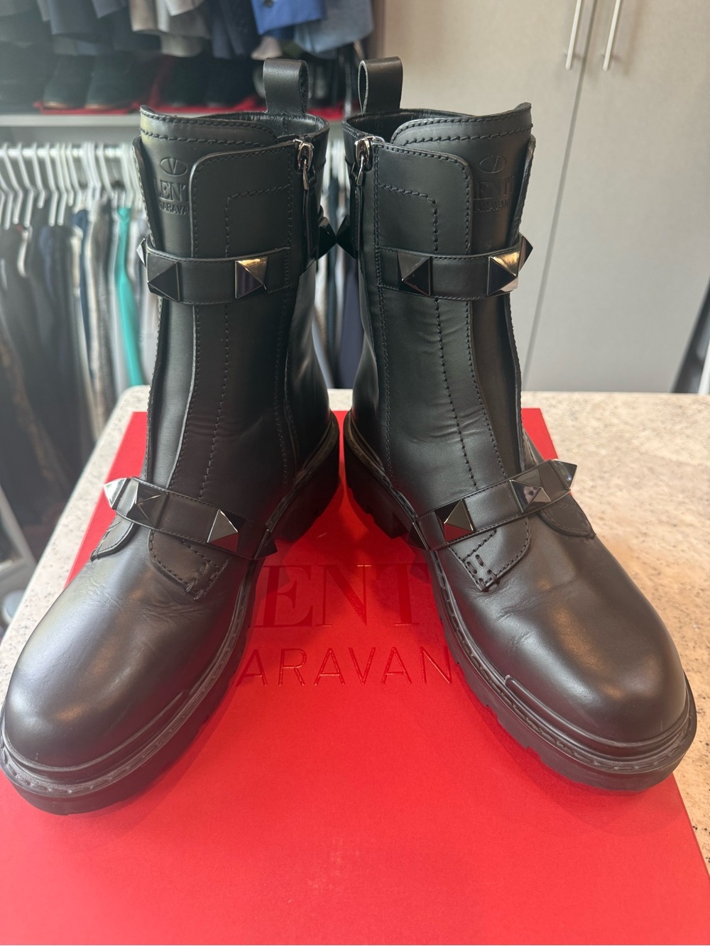 Valentino Black Leather Rockstud Strap Combat Boots